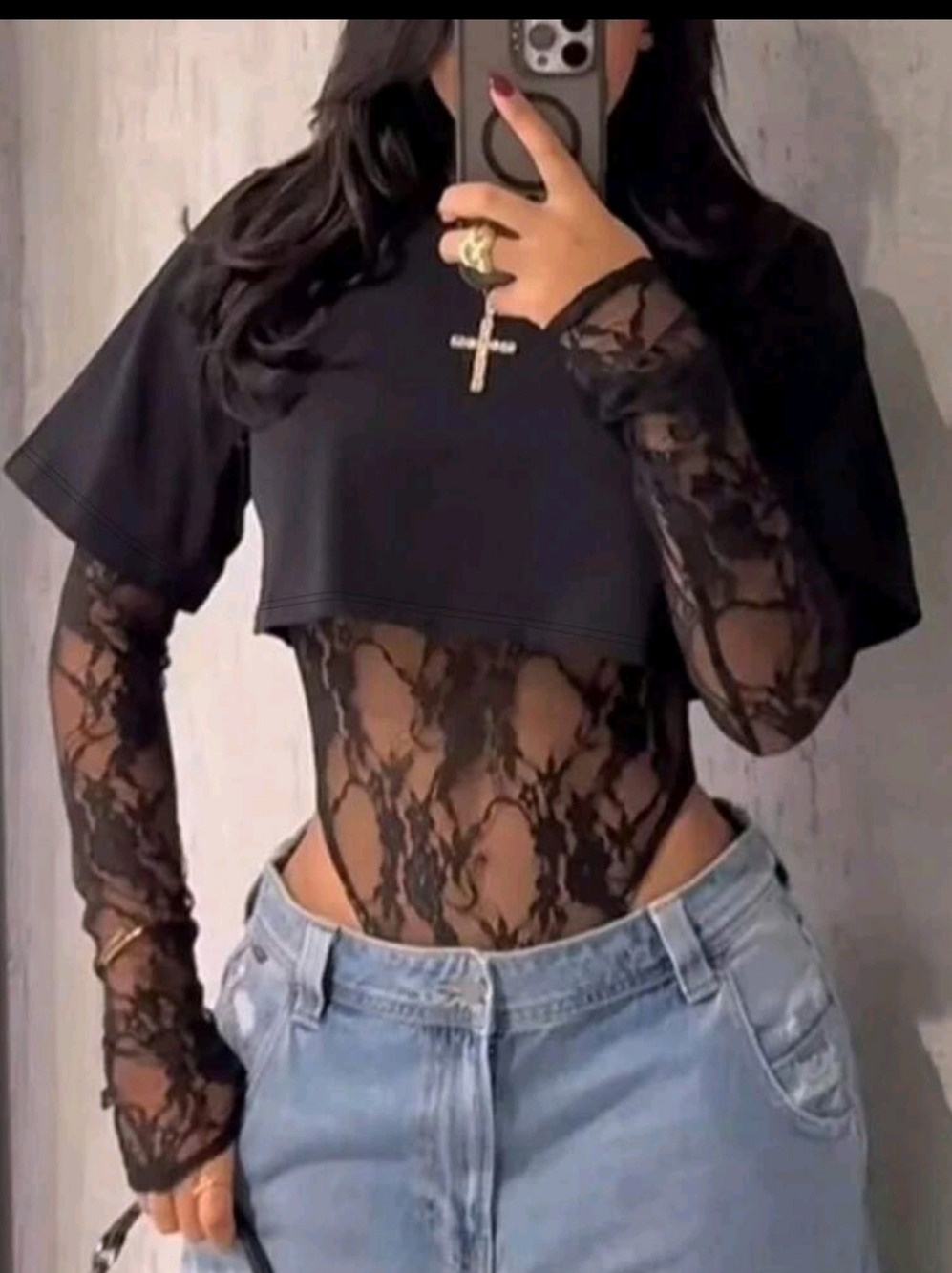 SHEIN Black Lace Mesh Bodysuit with Cropped Tee